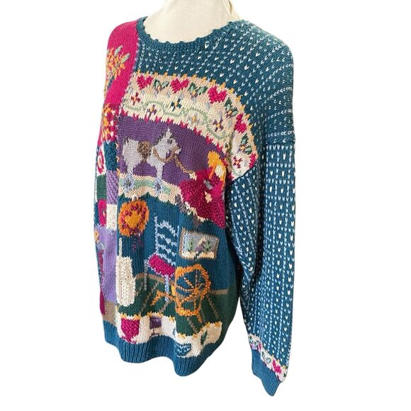 Vintage 80’s Cape Isle Knitters Patchwork Hand Knit Cottagecore Sweater L-RARE - Picture 6 of 13